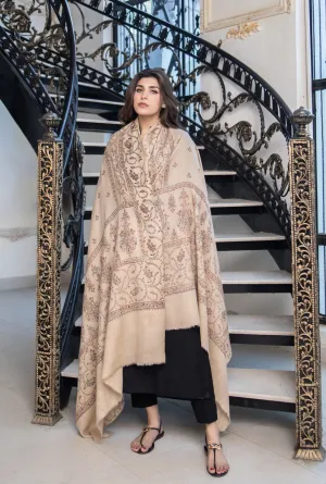 Beige Pashmina Wool Hand-Embroidered Shawl (Needle work)