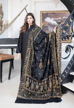 Black Pashmina Wool Hand-Embroidered Shawl (Needle work)