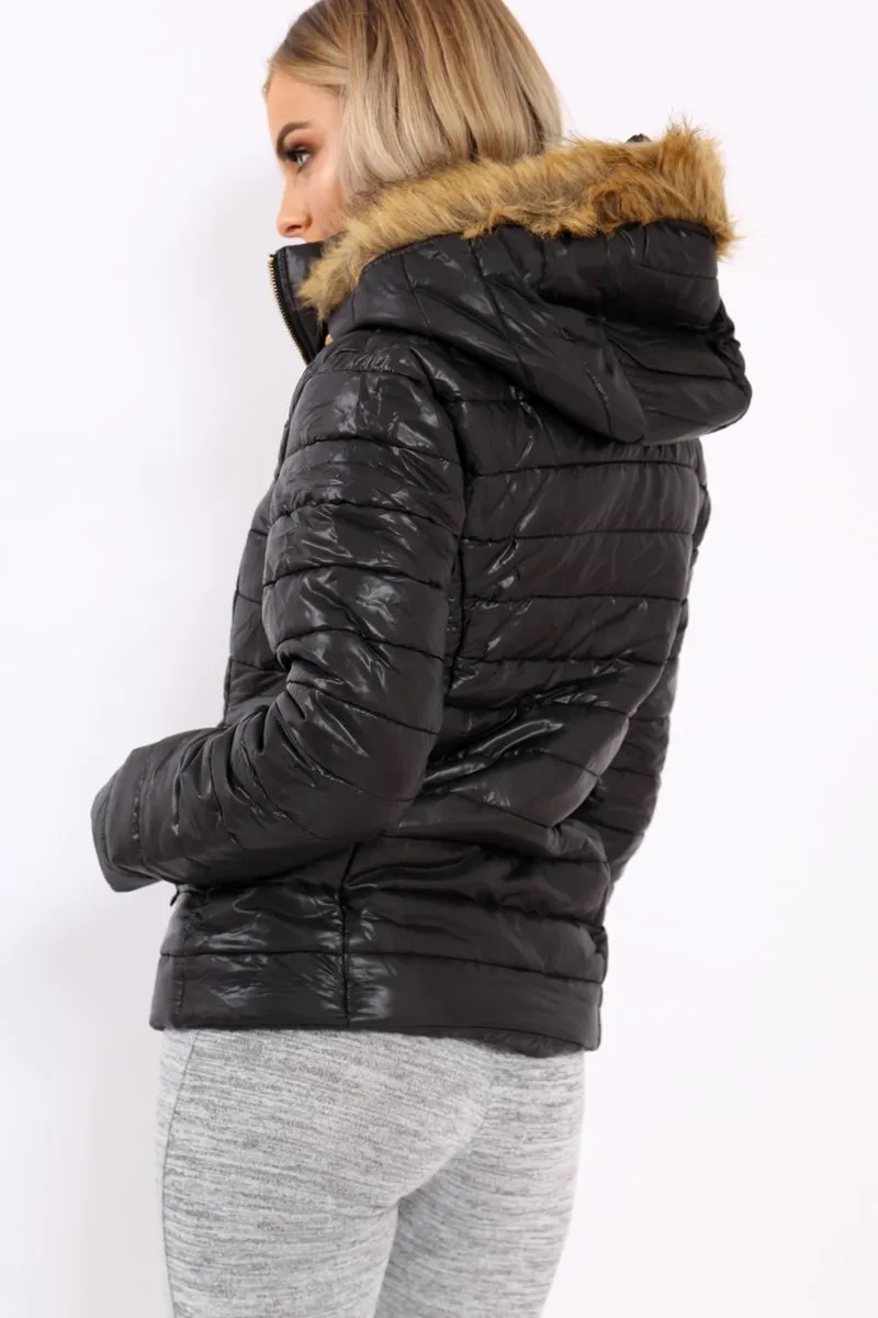 Black Shiny Puffer Coat with Fur Hood - Idy