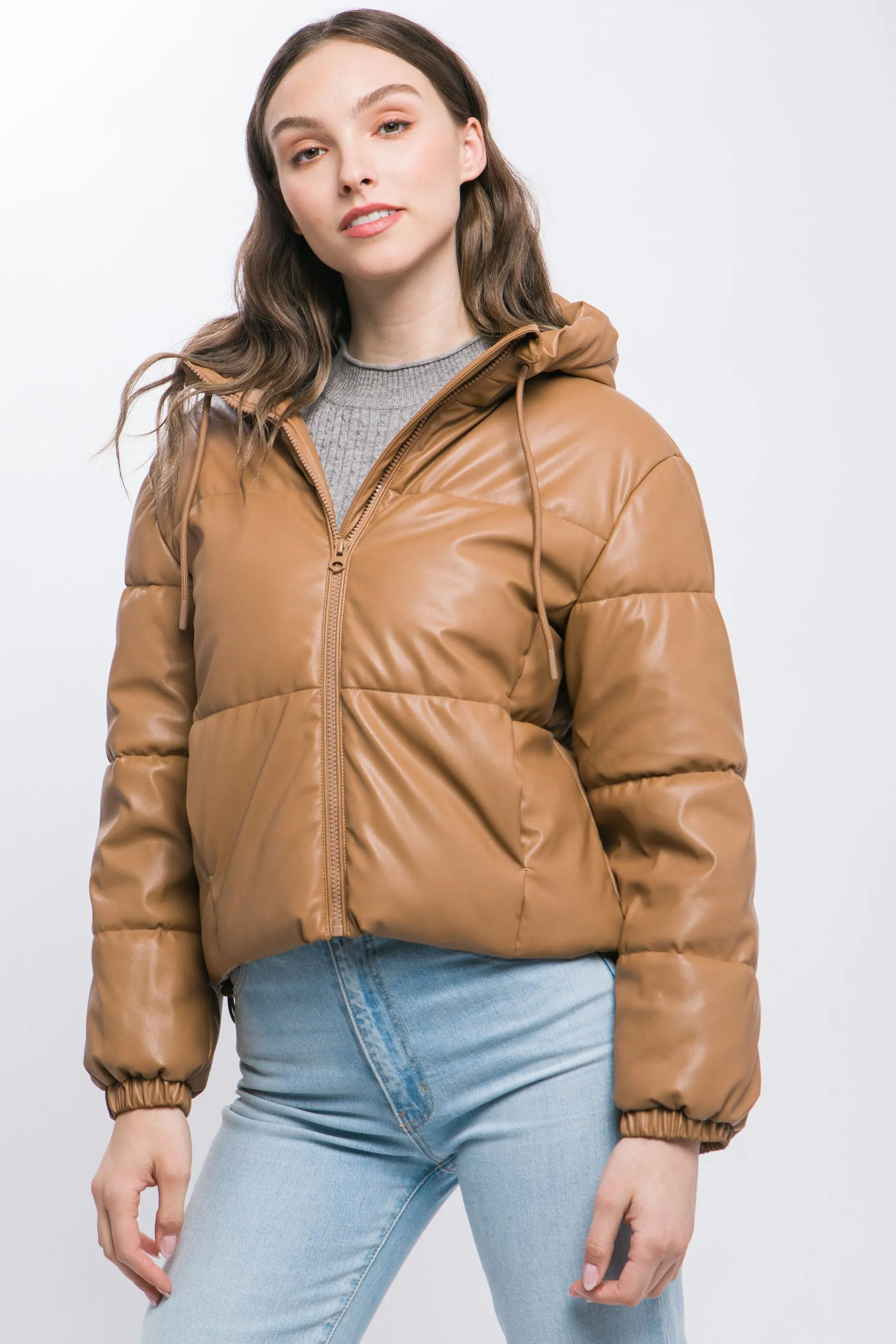 Camel PU Faux Leather Hooded Puffer Jacket – Bold & Cozy Style by Fashion M&J