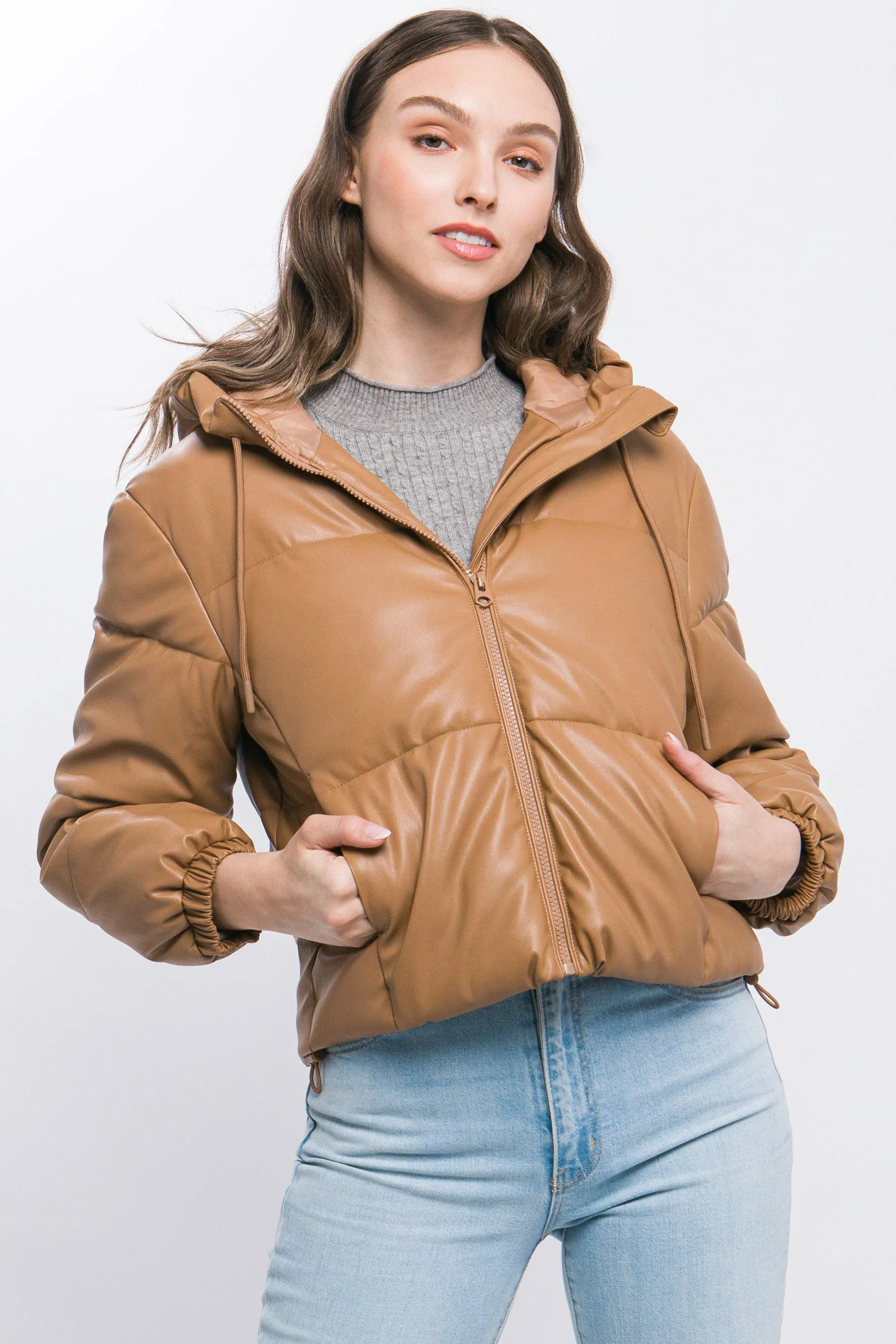 Camel PU Faux Leather Hooded Puffer Jacket – Bold & Cozy Style by Fashion M&J