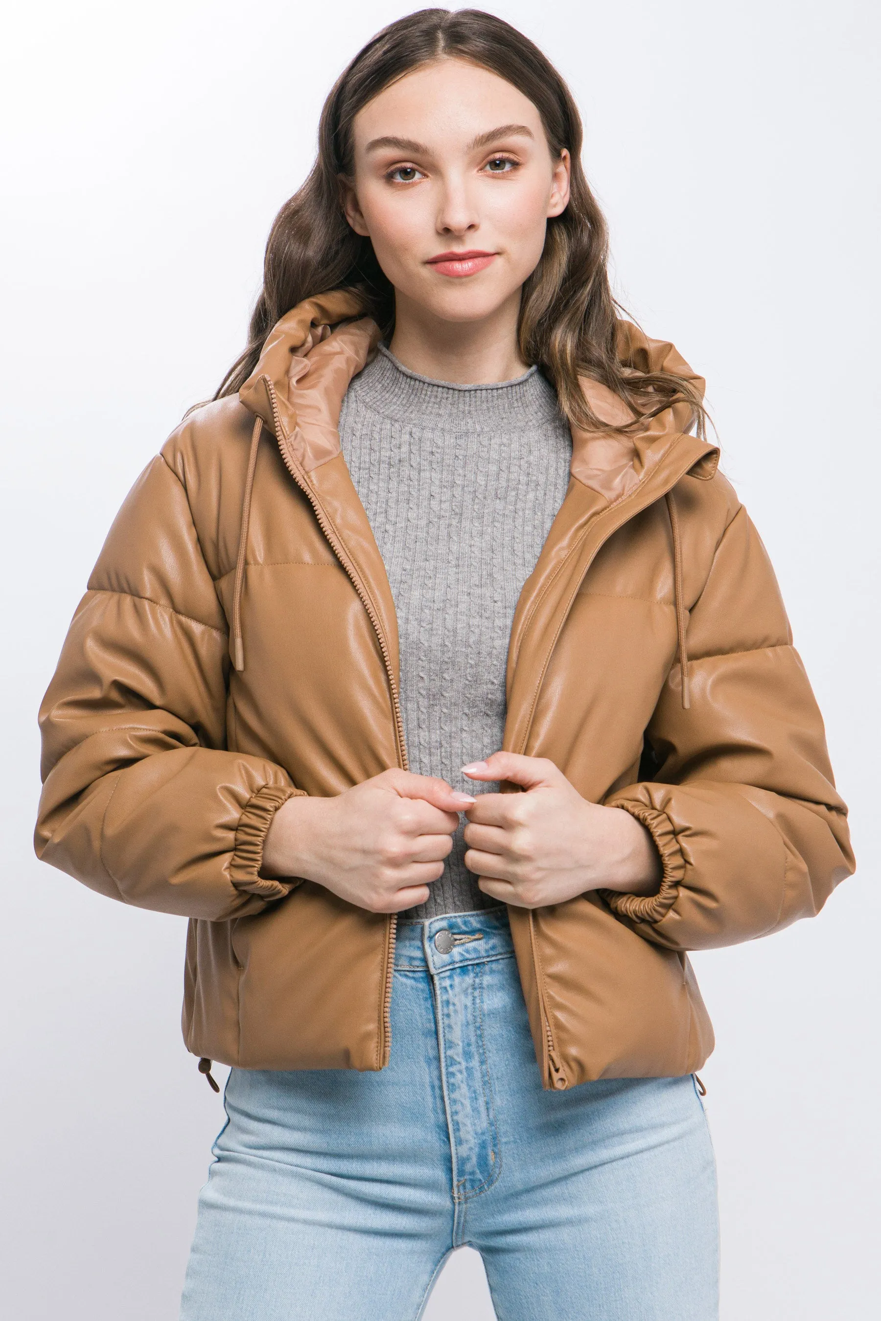 Camel PU Faux Leather Hooded Puffer Jacket – Bold & Cozy Style by Fashion M&J