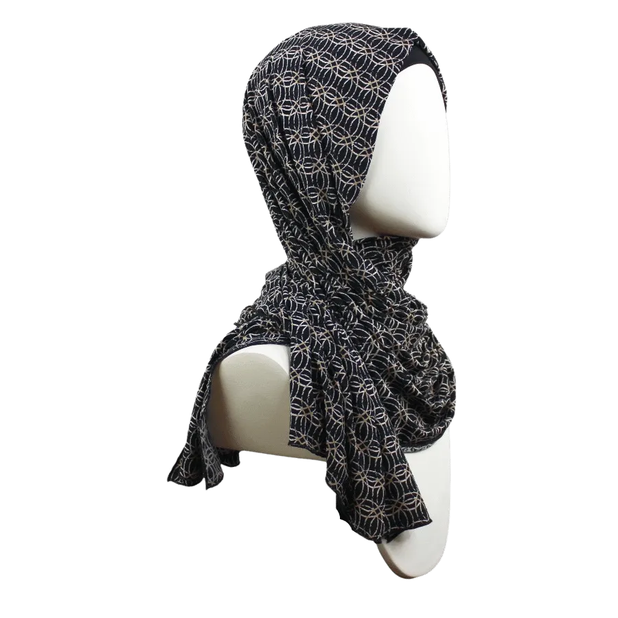 Classy Black Beige Smooth  Patterned Jersey Hijab  - Soft & Cool "Zibde Feel"