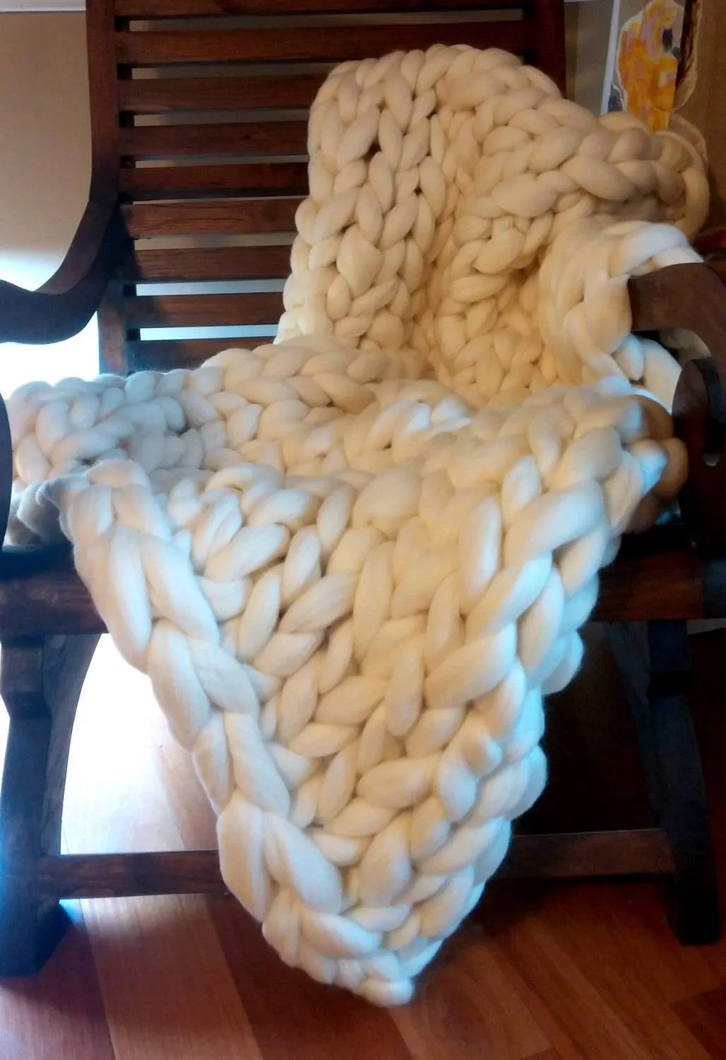 Cozy Ivory Chunky Knit Wool Blanket