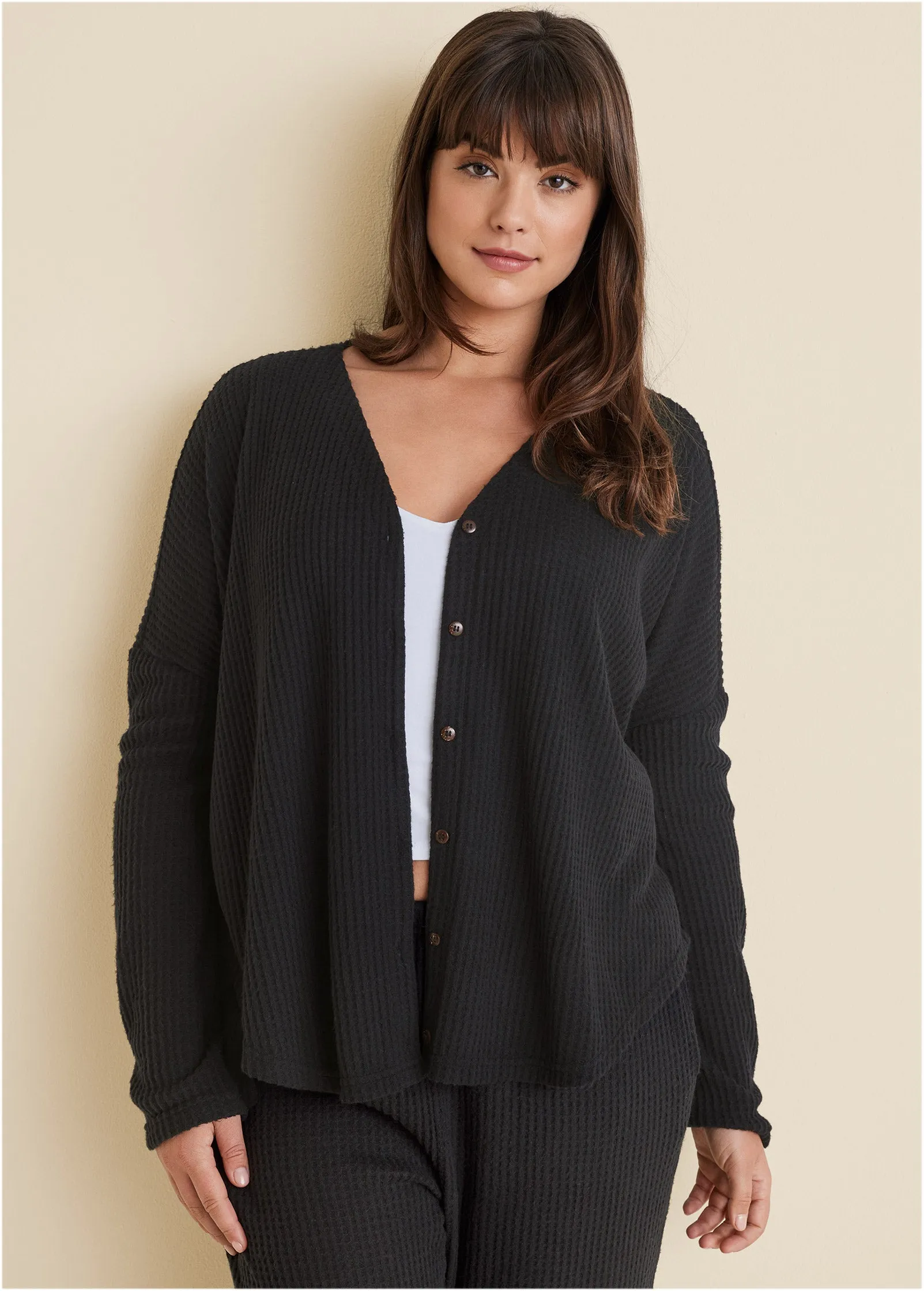 Cozy Waffle Button Down Top - Black