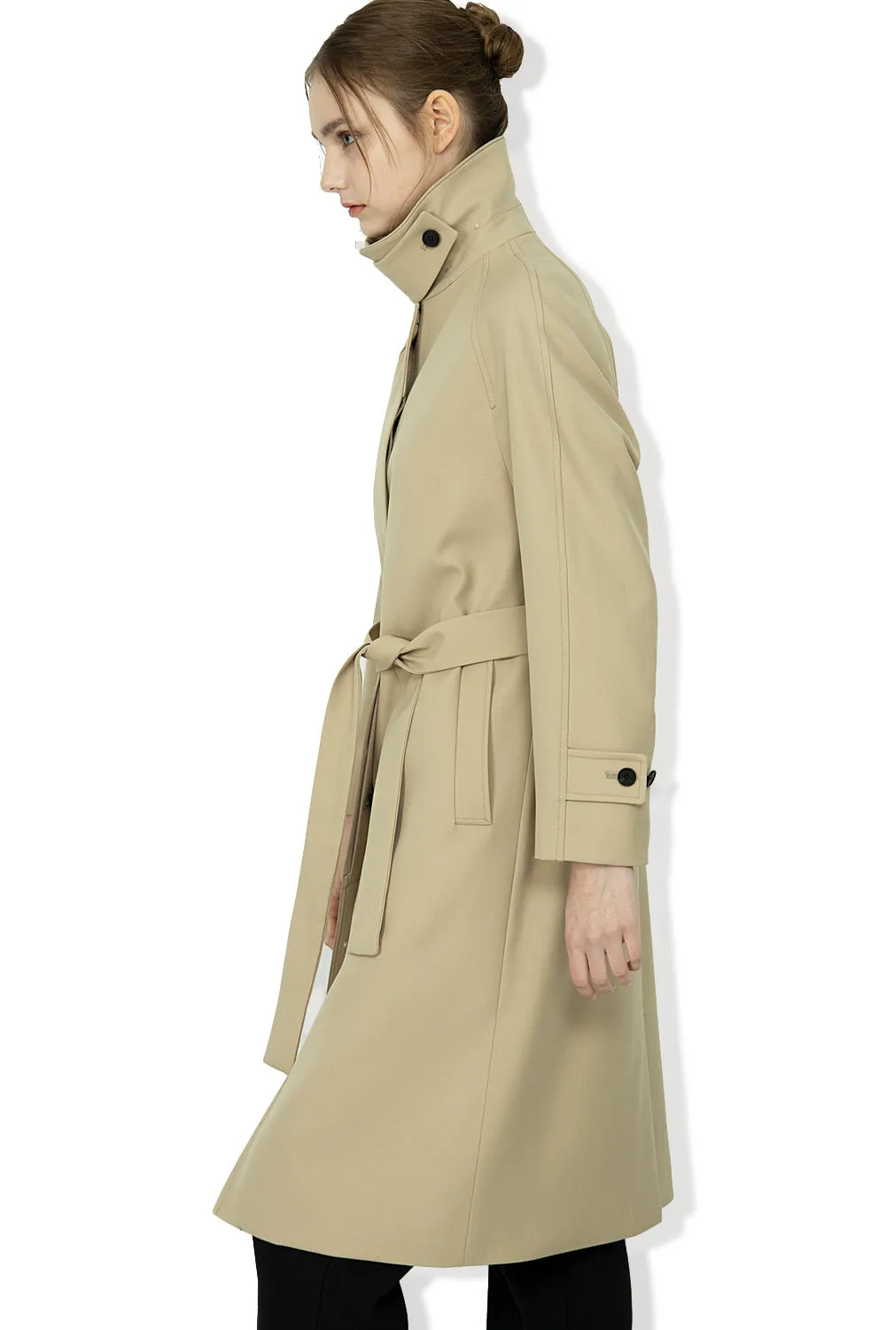 EDUARDO Trench Coat Women's Single-Breasted Belted Wool Blend with a Detachable Shirt Collar Flap.- Beige