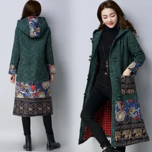 Embroidered Hooded Knee-Length Trench Coat