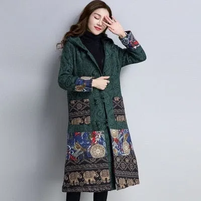 Embroidered Hooded Knee-Length Trench Coat