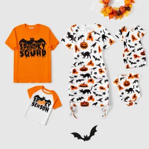 Halloween Family Matching 95% Cotton Short-sleeve Graphic T-shirts Allover Print Drawstring Ruched Bodycon Dresses Sets