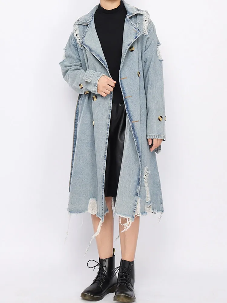 Hole Hollow Out Denim Trench Coat For Women Lapel Long Sleeve Double Breasted Solid Coats Female Clothing