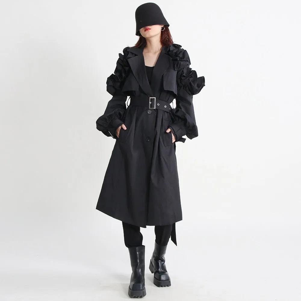 Korean Fashion Trench Coar For Women Lapel Long Sleeve Sashes Solid Minimalsit Coats Female Autumn Clothes