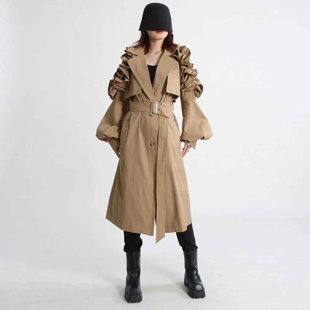 Korean Fashion Trench Coar For Women Lapel Long Sleeve Sashes Solid Minimalsit Coats Female Autumn Clothes