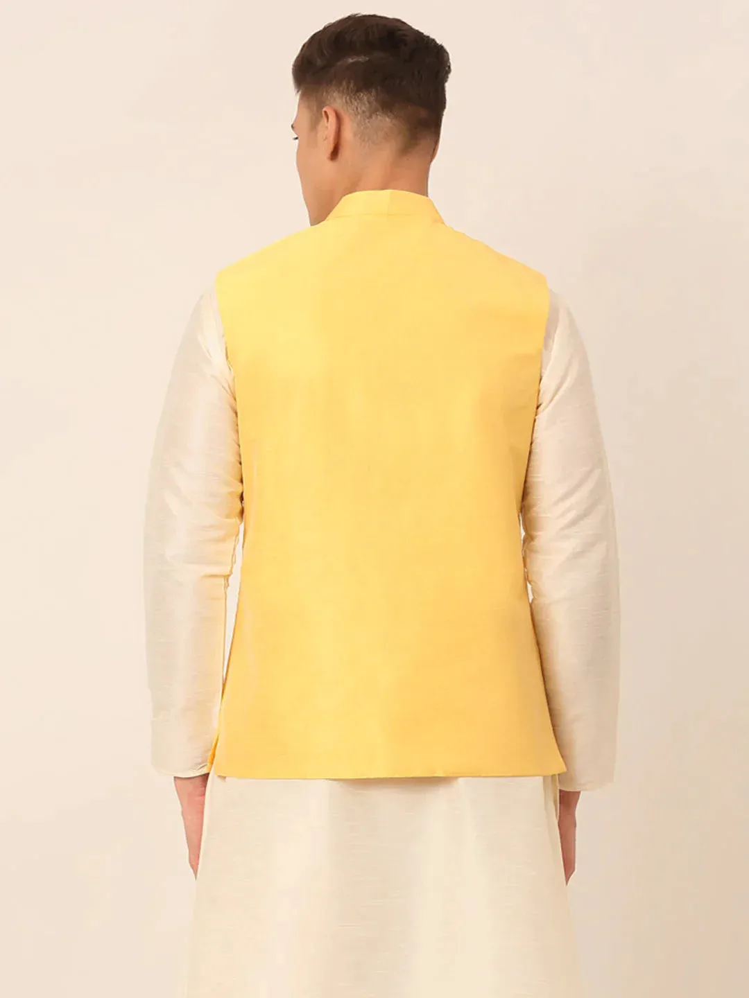 Men Yellow Embroidered Woven Nehru Jackets