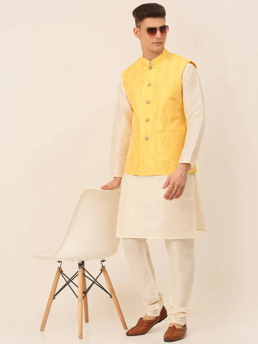 Men Yellow Embroidered Woven Nehru Jackets