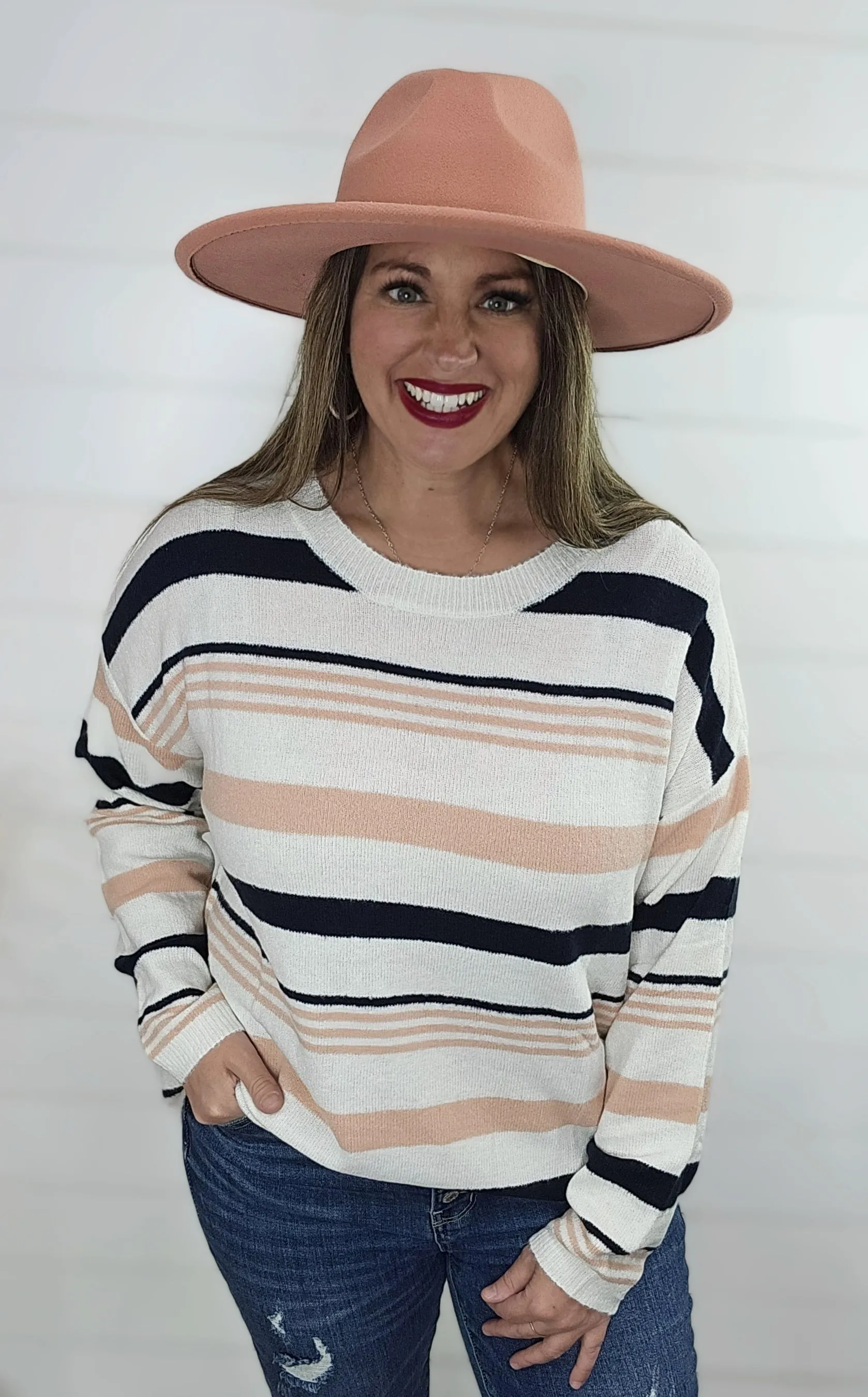 NAVY/PINK STRIPED SOFT KNIT SWEATER