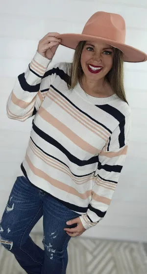 NAVY/PINK STRIPED SOFT KNIT SWEATER