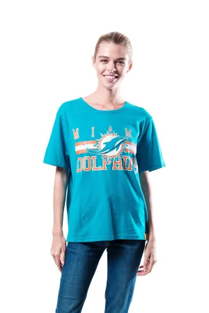 NFL Official Women's Distressed Graphics Super Soft Crew Neck T-Shirt|Miami Dolphins