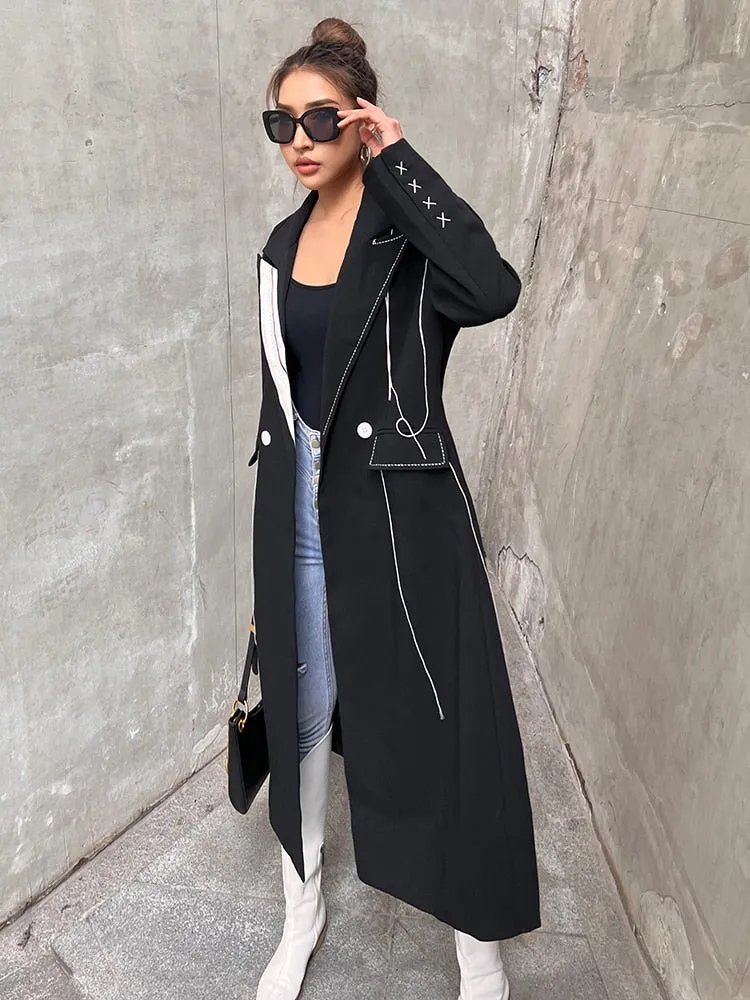 Patchwork Bright Line Decoration Lace Up Trench Coat For Women Lapel Long Sleeve Straight Coats Female Autumn Style