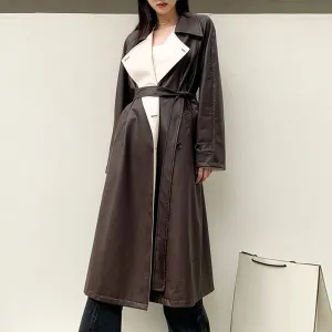 PU Leather Trench Coat For Women Lapel Long Sleeve Patchwork Colorblock Korean Coats Female Autumn Clothing Fashion