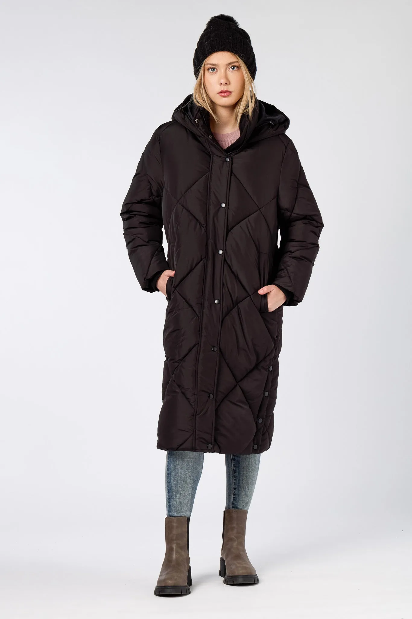 Quilted Puffer Hooded Coat with Side Snaps