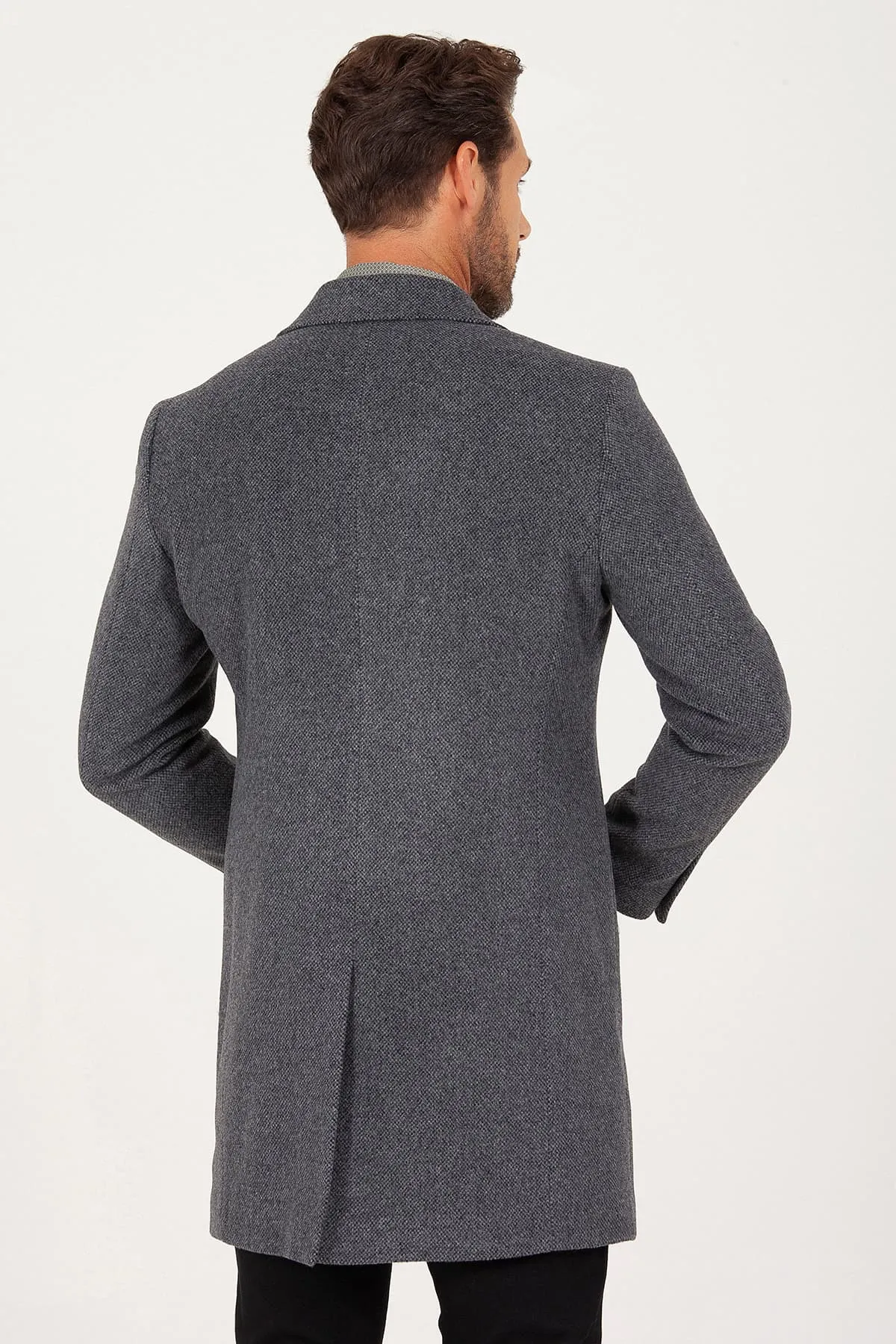 Regular Fit Peaked Lapel Wool & Cashmere Gray Overcoat