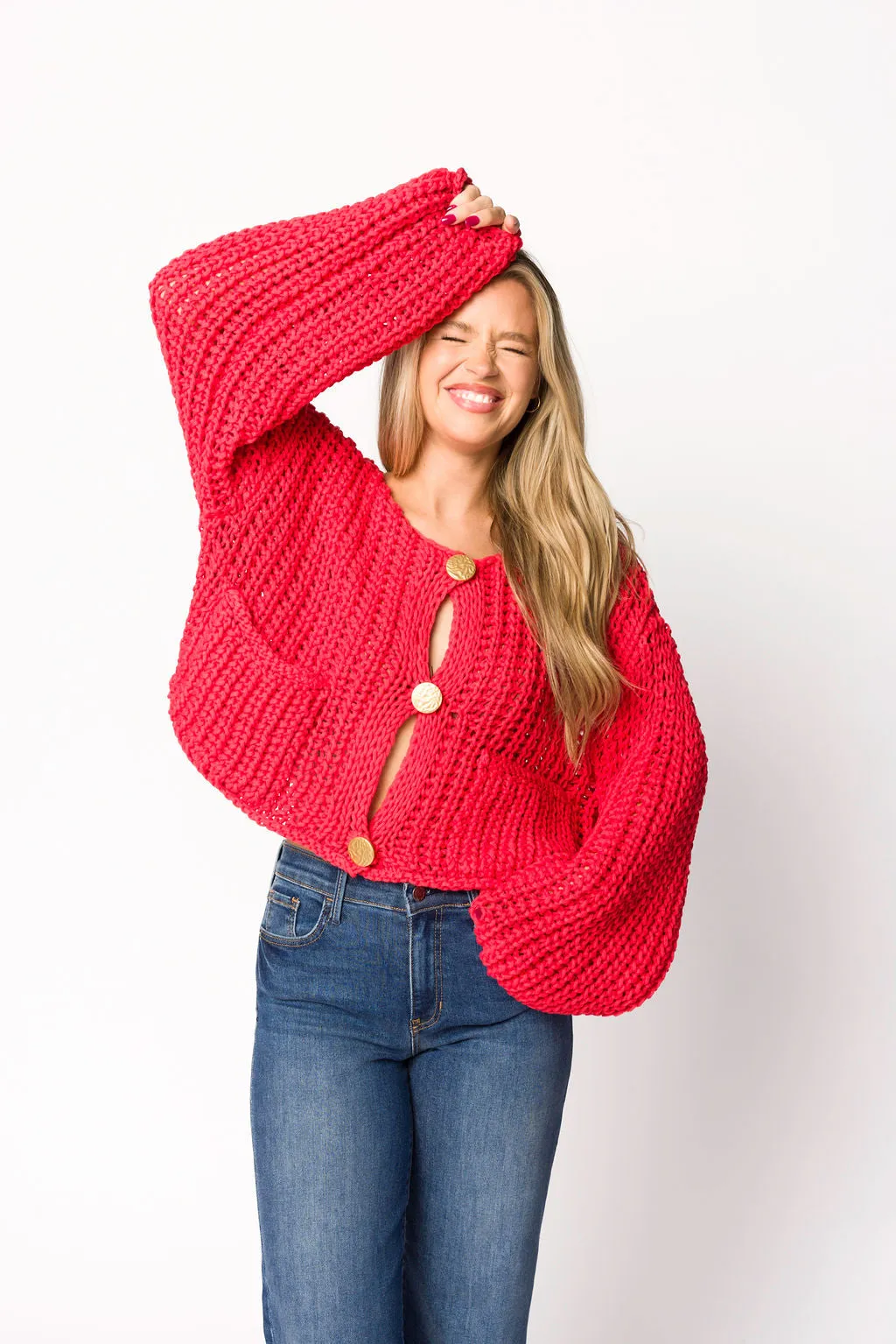 Reina Chunky Knit Cardigan in Red