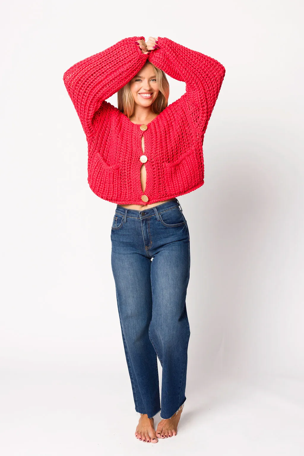 Reina Chunky Knit Cardigan in Red