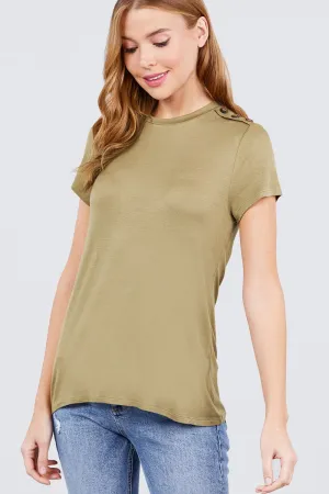 Short Sleeve Crew Neck W/shoulder Button Detail Rayon Spandex Top