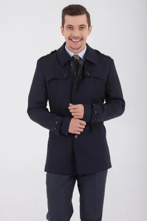 Slim Fit Flat Collar Vilnius Wool Light Brown Trenchcoat, Navy