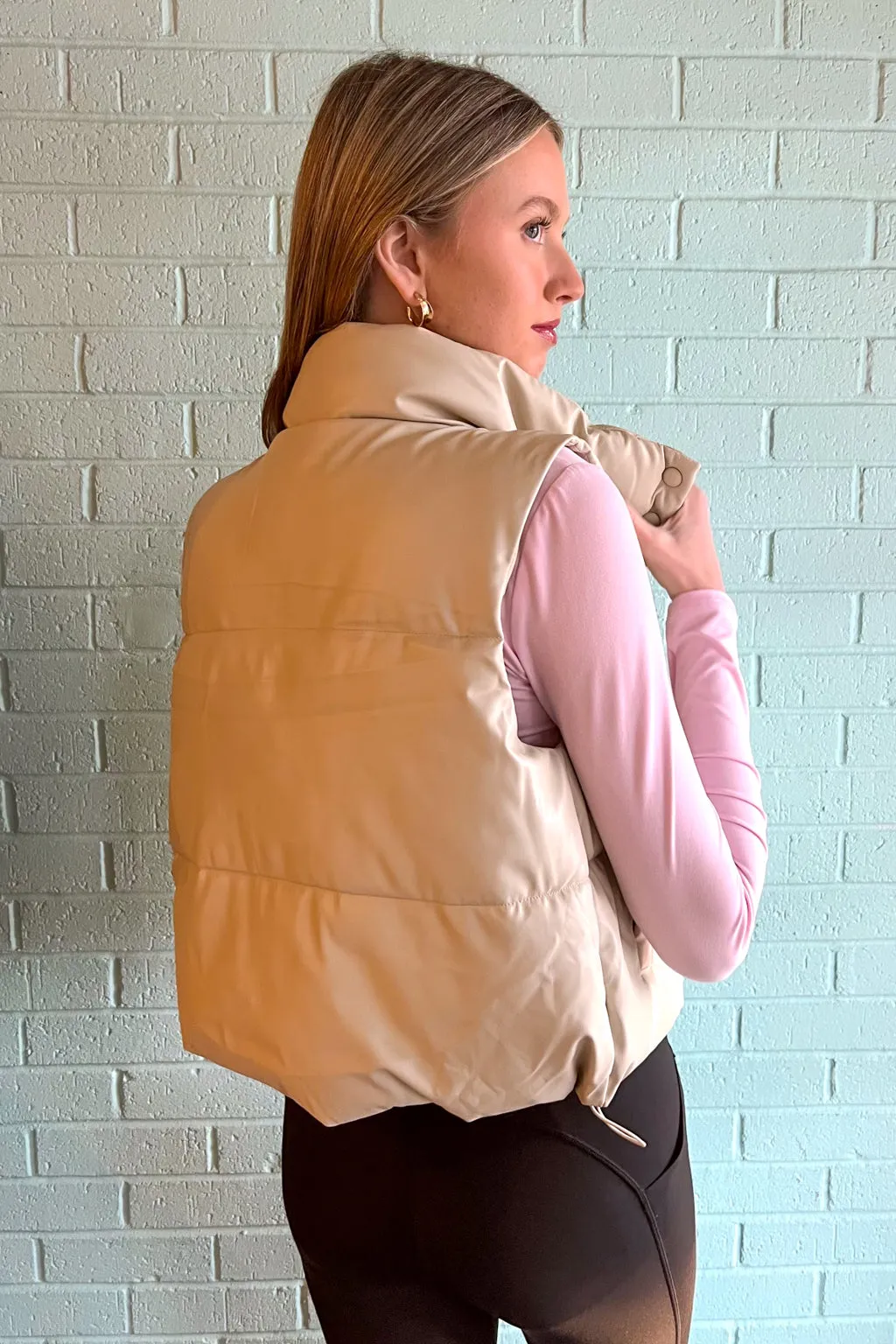 Vegan Leather Puffer Vest-Cream