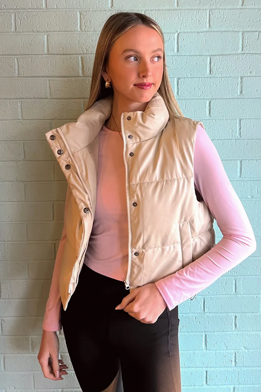 Vegan Leather Puffer Vest-Cream