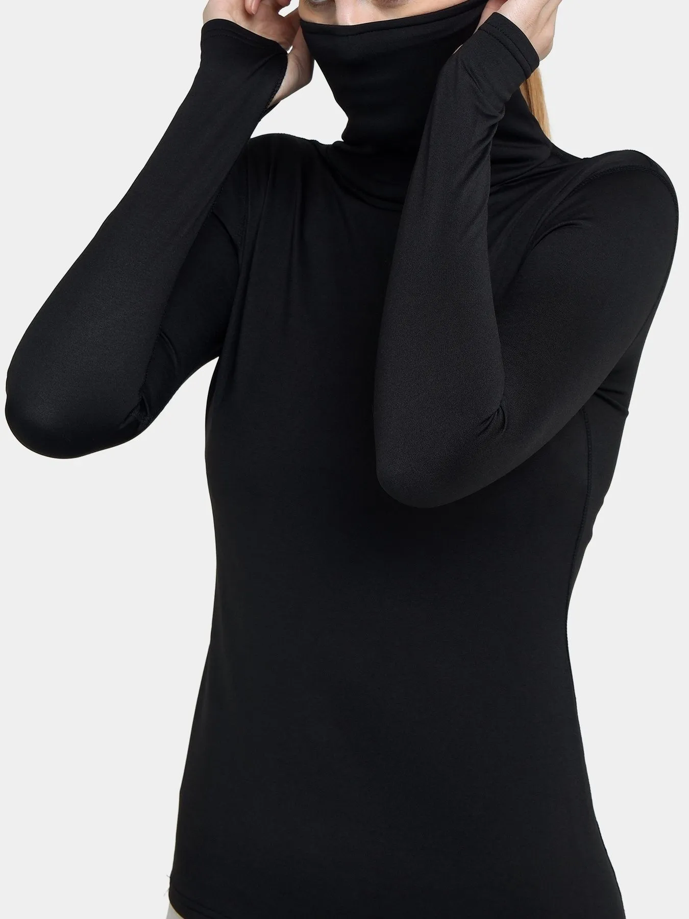 Warm-Up Thermal Long Sleeve Funnel Neck Top For Women With Brushed Inner Fabric, Thumbholes & Reflective Strips