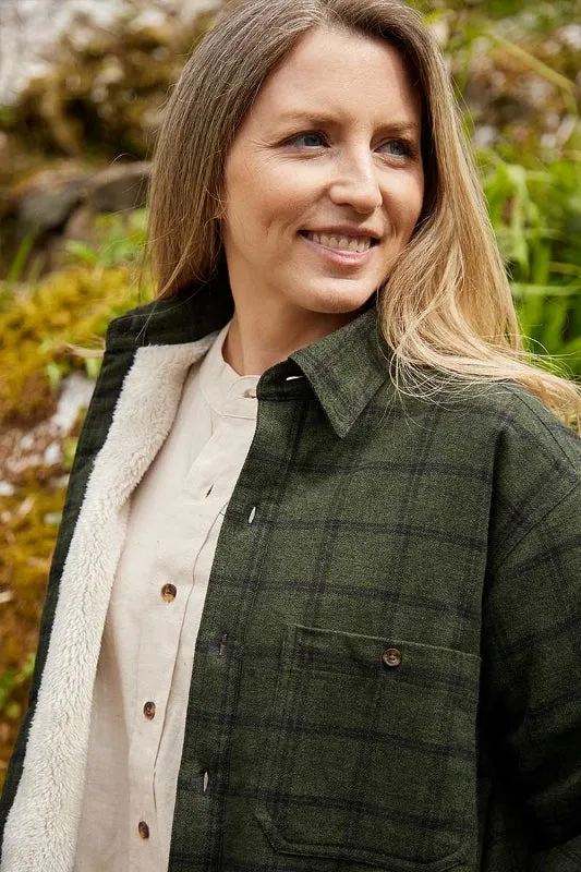 Women Collar Fleece Lined Flannel Shirt - Forest Green and Black Check - Lee Valley