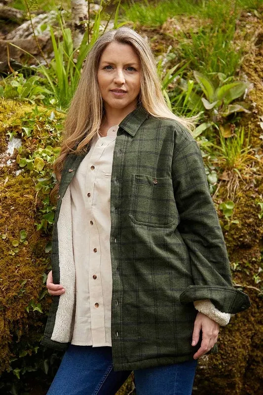 Women Collar Fleece Lined Flannel Shirt - Forest Green and Black Check - Lee Valley