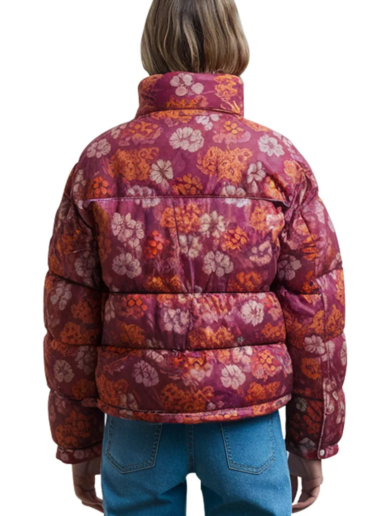 Women's Burgundy And Orange Floral Print Puffer Jacket