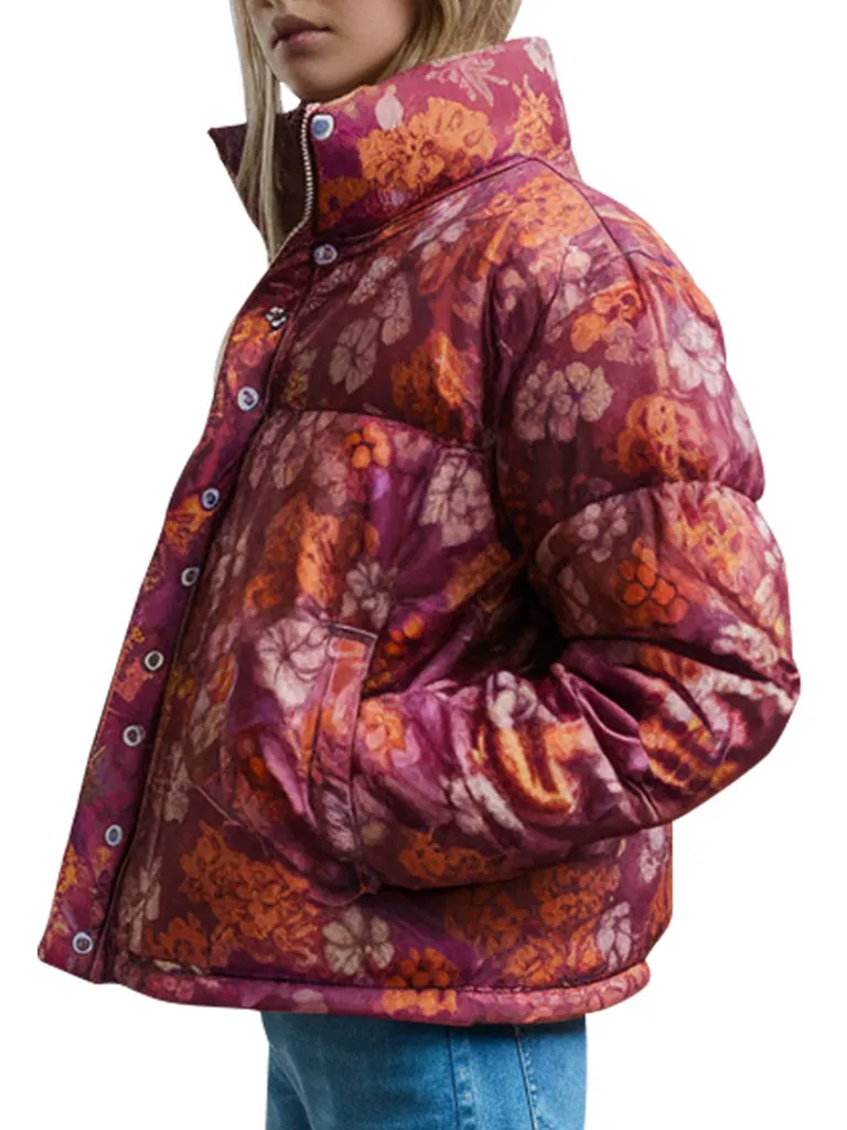 Women's Burgundy And Orange Floral Print Puffer Jacket