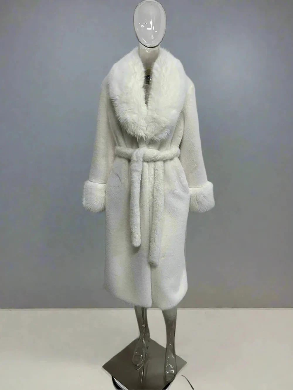 Women's Luxe Long Coat with Faux Fur Collar & Cuffs