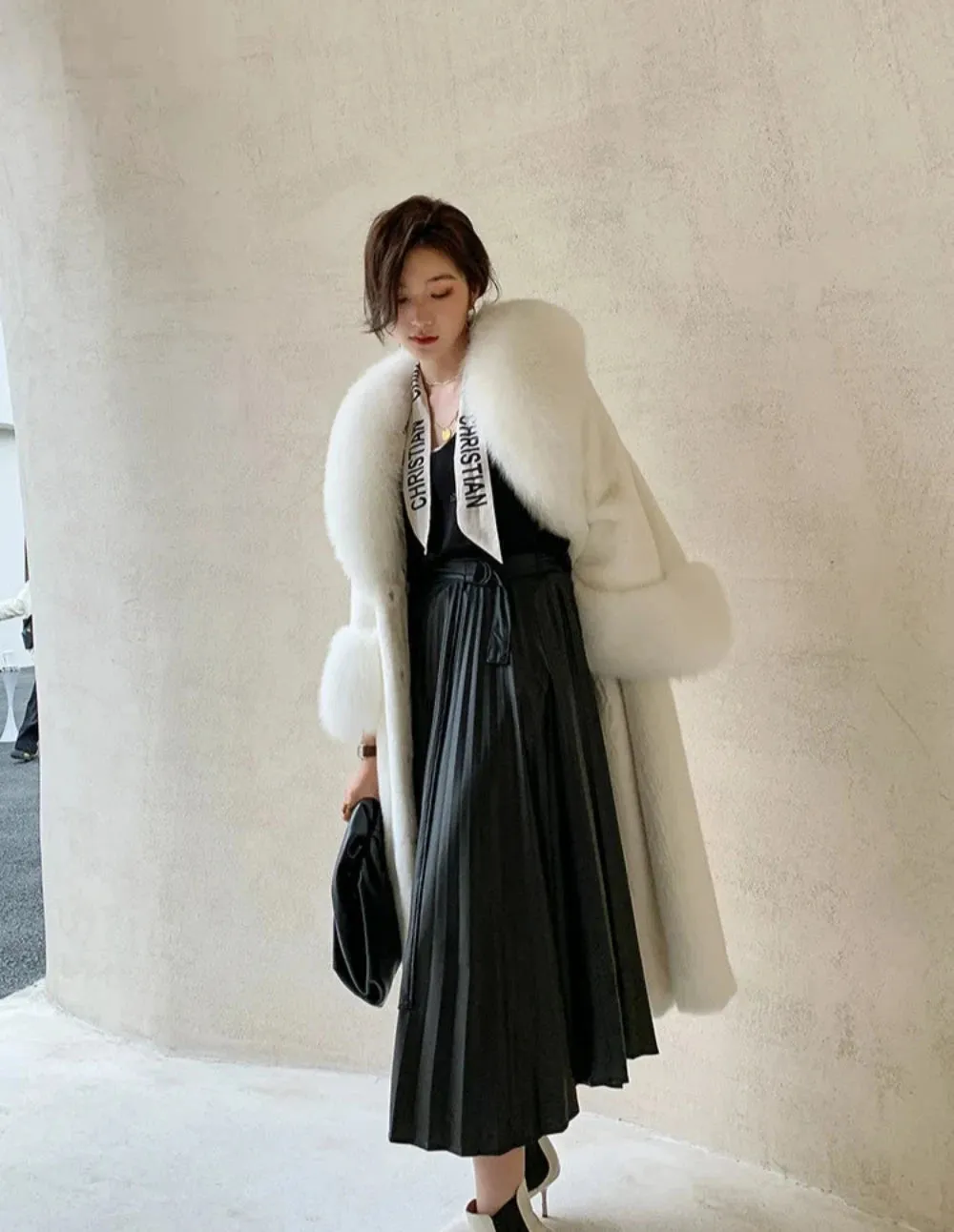 Women's Luxe Long Coat with Faux Fur Collar & Cuffs