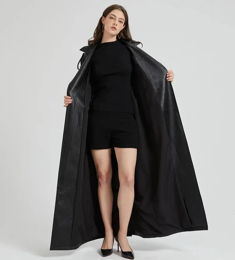 Women's Ultra Long Vegan Leather Trench Coat