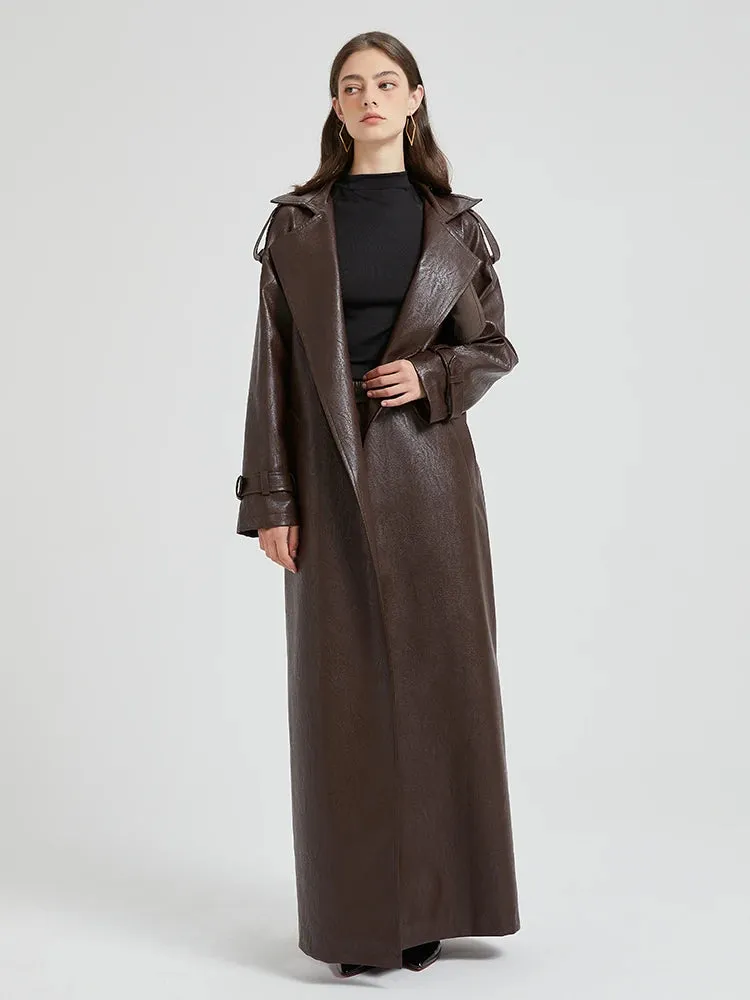 Women's Ultra Long Vegan Leather Trench Coat