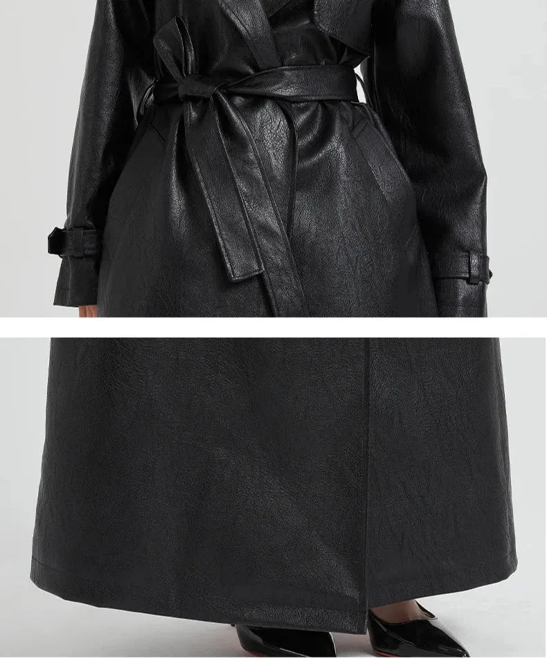 Women's Ultra Long Vegan Leather Trench Coat