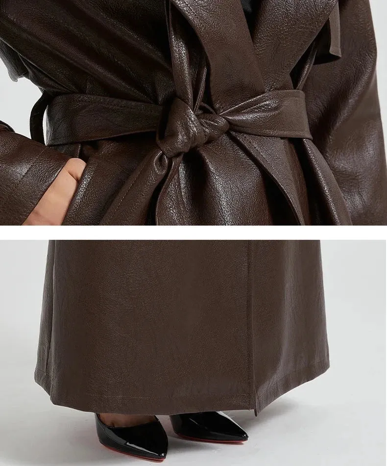 Women's Ultra Long Vegan Leather Trench Coat