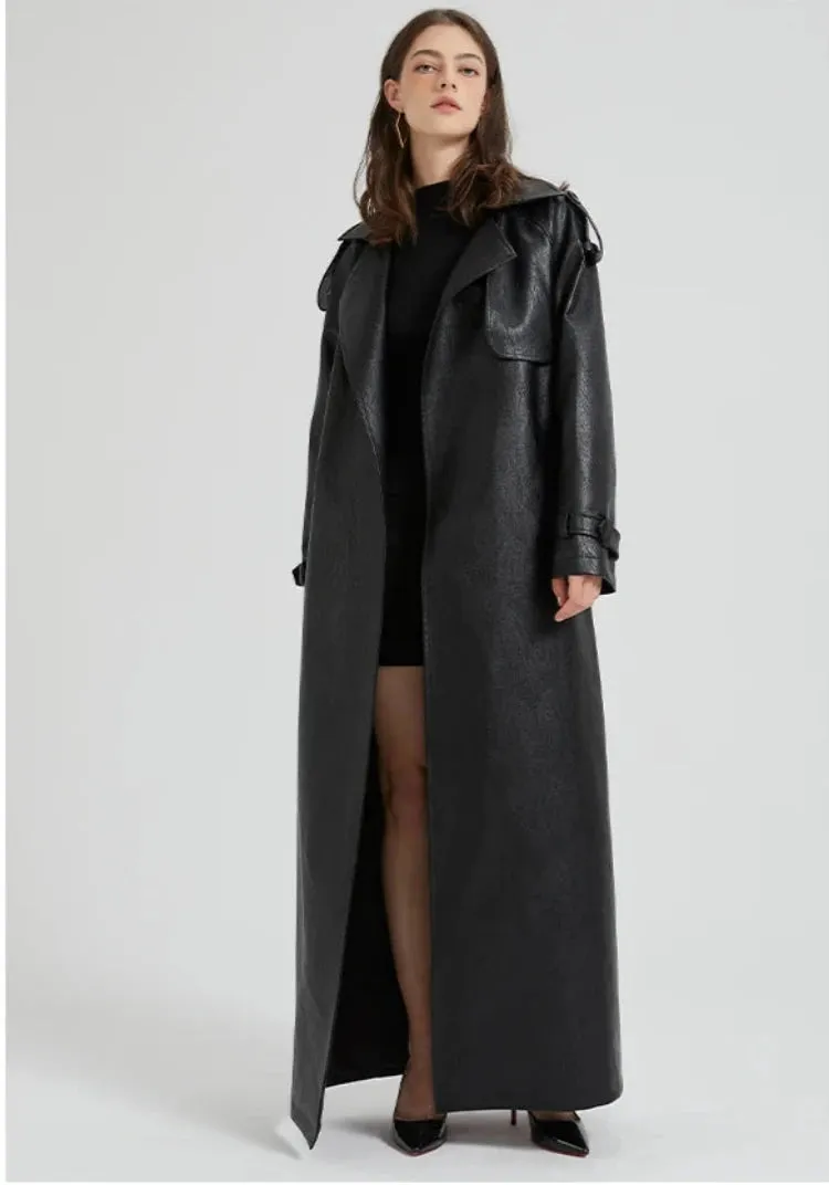 Women's Ultra Long Vegan Leather Trench Coat