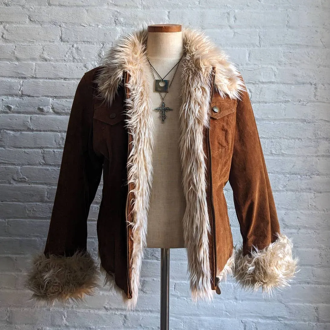 Y2K Vintage Furry Penny Lane Coat Genuine Suede Leather Vegan Fur Shag Jacket