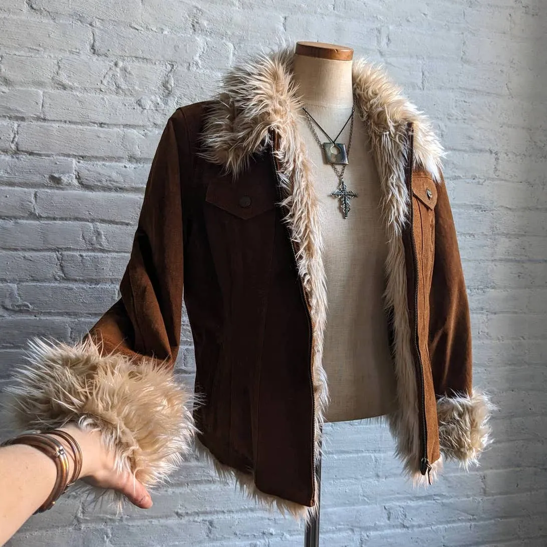 Y2K Vintage Furry Penny Lane Coat Genuine Suede Leather Vegan Fur Shag Jacket